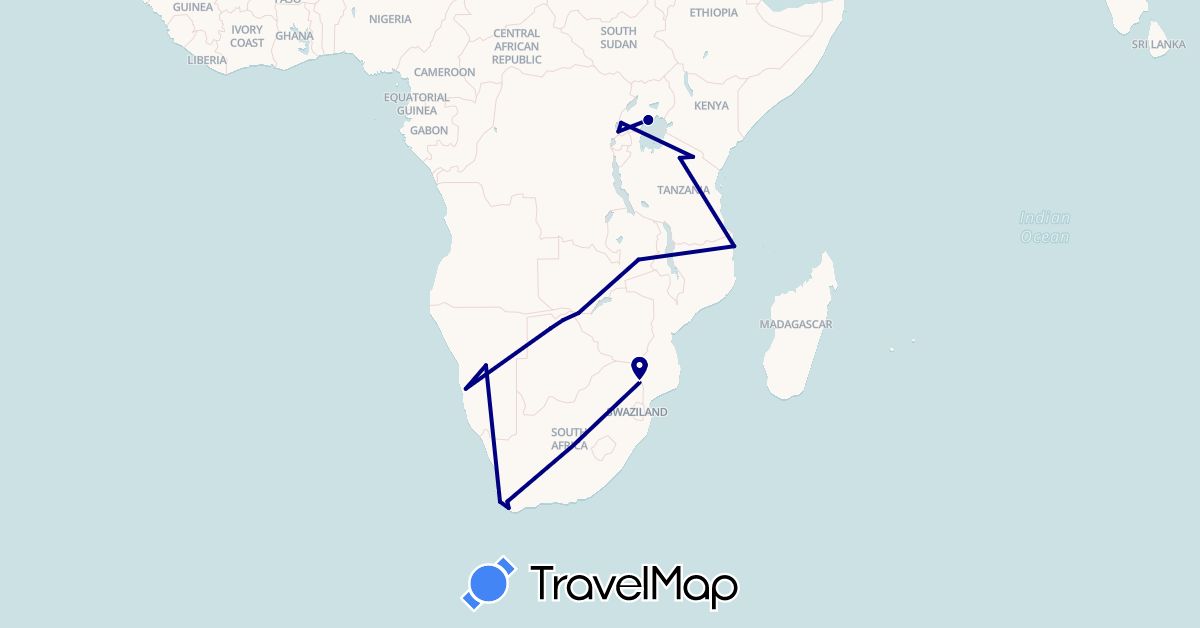 TravelMap itinerary: driving in Botswana, Mozambique, Namibia, Tanzania, Uganda, South Africa, Zambia (Africa)